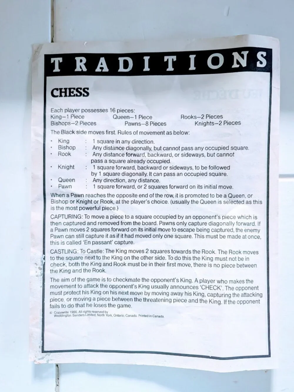 VTG 1986 Traditions Chess Jeu D'Echecs Waddington Sanders Learning Complete Set